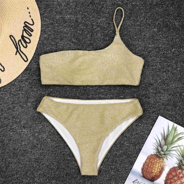 Maillot de bain bikini taille haute brillant à paillettes pour femme, haut de bikini à une épaule avec bas taille haute, maillot de bain deux pièces pour femme, ensemble bikini deux pièces, maillot de bain une épaule