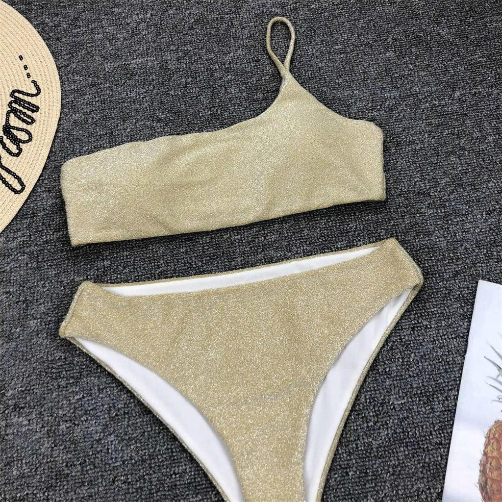 Maillot de bain bikini taille haute brillant à paillettes pour femme, haut de bikini à une épaule avec bas taille haute, maillot de bain deux pièces pour femme, ensemble bikini deux pièces, maillot de bain une épaule