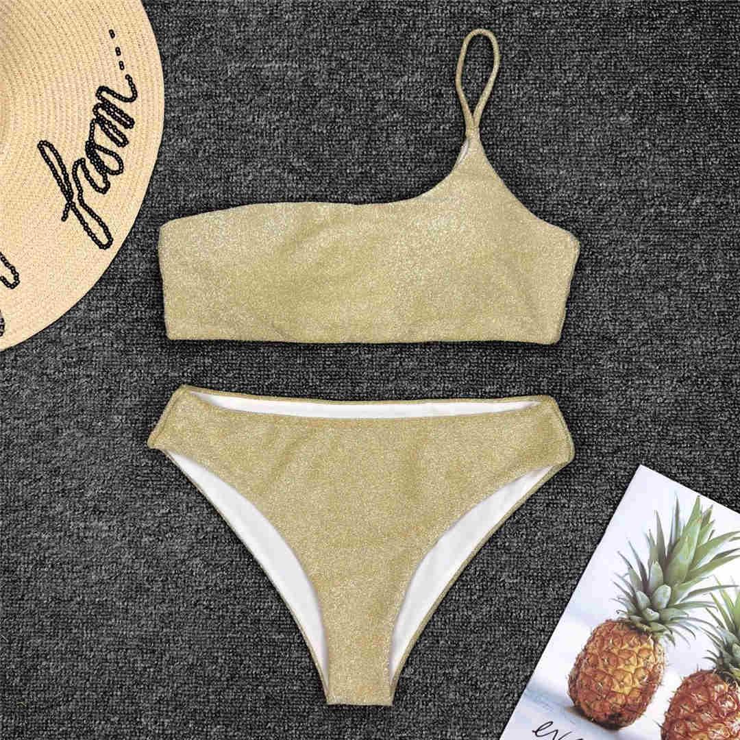Maillot de bain bikini taille haute brillant à paillettes pour femme, haut de bikini à une épaule avec bas taille haute, maillot de bain deux pièces pour femme, ensemble bikini deux pièces, maillot de bain une épaule