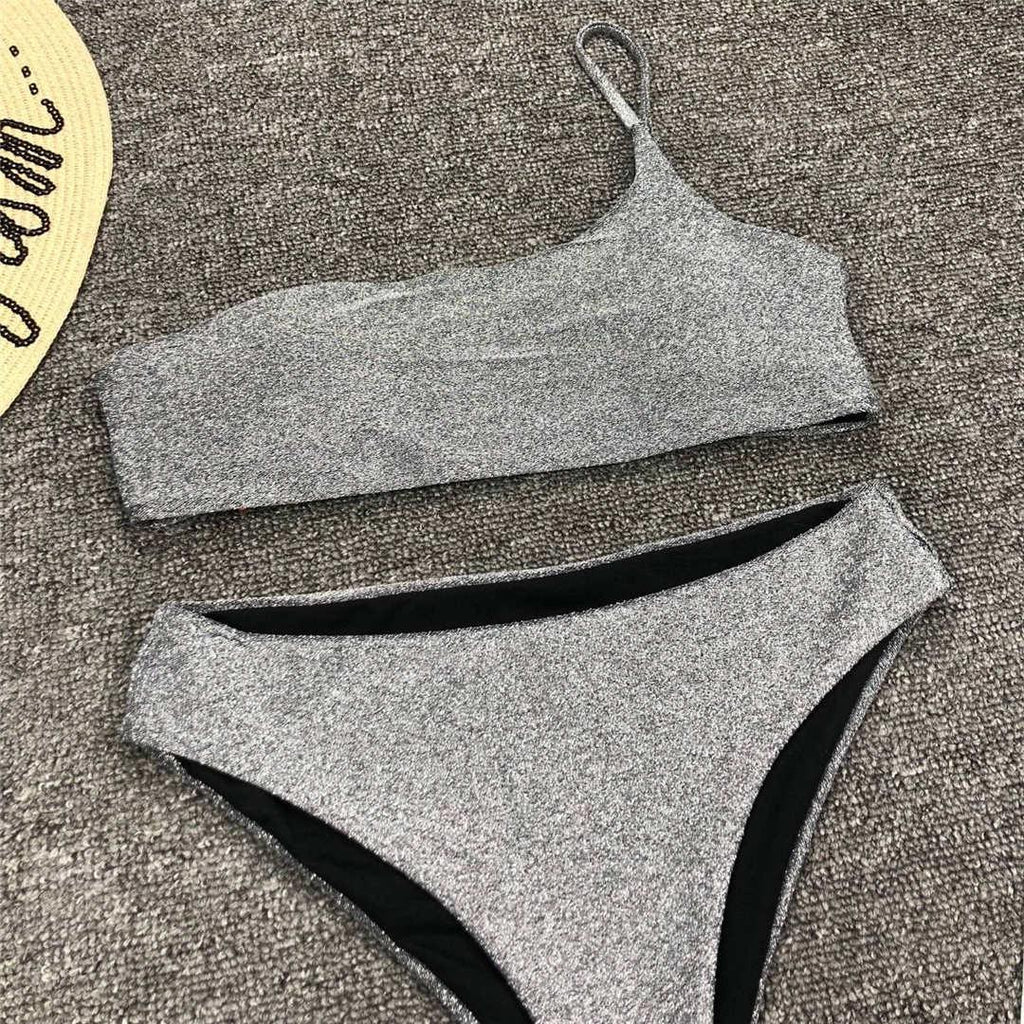 Maillot de bain bikini taille haute brillant à paillettes pour femme, haut de bikini à une épaule avec bas taille haute, maillot de bain deux pièces pour femme, ensemble bikini deux pièces, maillot de bain une épaule