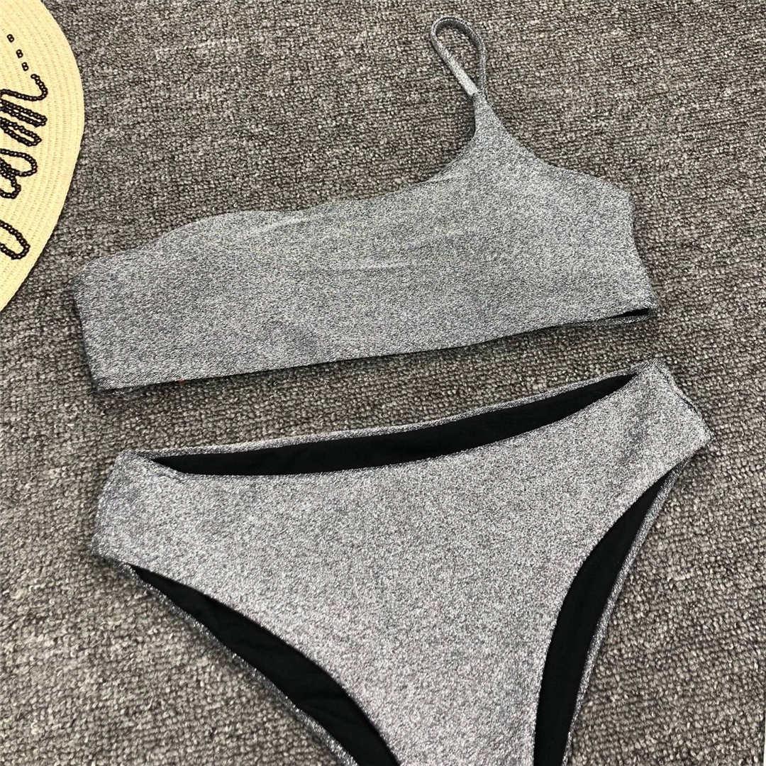 Maillot de bain bikini taille haute brillant à paillettes pour femme, haut de bikini à une épaule avec bas taille haute, maillot de bain deux pièces pour femme, ensemble bikini deux pièces, maillot de bain une épaule