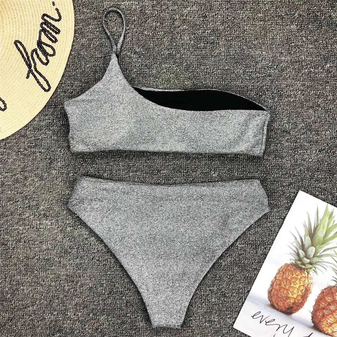 Maillot de bain bikini taille haute brillant à paillettes pour femme, haut de bikini à une épaule avec bas taille haute, maillot de bain deux pièces pour femme, ensemble bikini deux pièces, maillot de bain une épaule