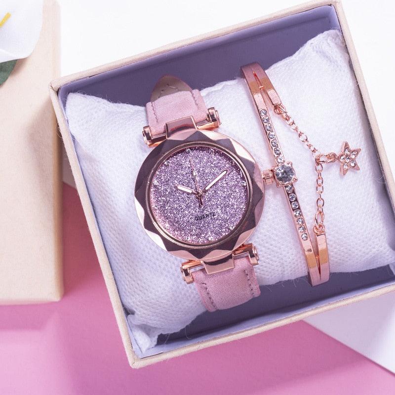 Montre étudiante de luxe brillante pour femme Montre à quartz étoilée Montre décontractée de mode pour femme Ensemble bracelet Cadran femme Enfants Ensemble montre bracelet Bracelet en cuir Montres à quartz de luxe