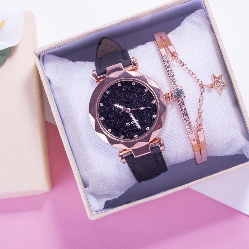 Montre étudiante de luxe brillante pour femme Montre à quartz étoilée Montre décontractée de mode pour femme Ensemble bracelet Cadran femme Enfants Ensemble montre bracelet Bracelet en cuir Montres à quartz de luxe
