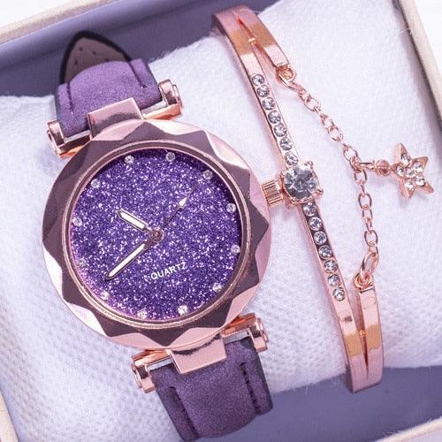 Montre étudiante de luxe brillante pour femme Montre à quartz étoilée Montre décontractée de mode pour femme Ensemble bracelet Cadran femme Enfants Ensemble montre bracelet Bracelet en cuir Montres à quartz de luxe