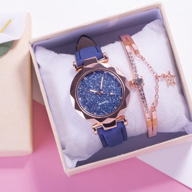 Montre étudiante de luxe brillante pour femme Montre à quartz étoilée Montre décontractée de mode pour femme Ensemble bracelet Cadran femme Enfants Ensemble montre bracelet Bracelet en cuir Montres à quartz de luxe