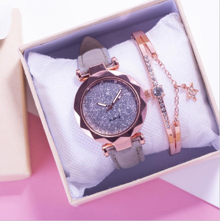 Montre étudiante de luxe brillante pour femme Montre à quartz étoilée Montre décontractée de mode pour femme Ensemble bracelet Cadran femme Enfants Ensemble montre bracelet Bracelet en cuir Montres à quartz de luxe