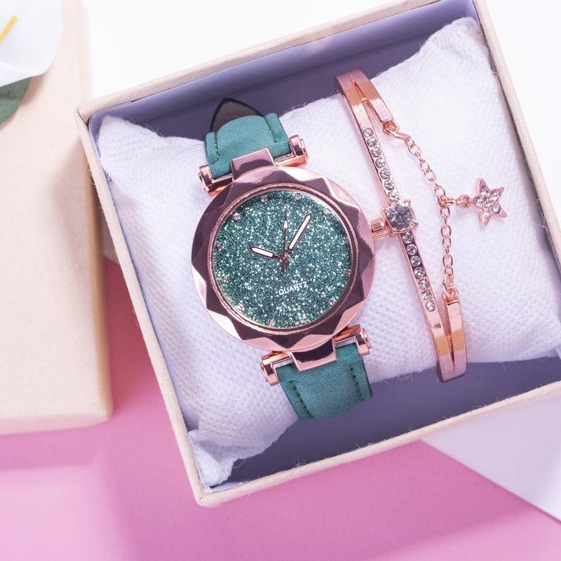 Montre étudiante de luxe brillante pour femme Montre à quartz étoilée Montre décontractée de mode pour femme Ensemble bracelet Cadran femme Enfants Ensemble montre bracelet Bracelet en cuir Montres à quartz de luxe