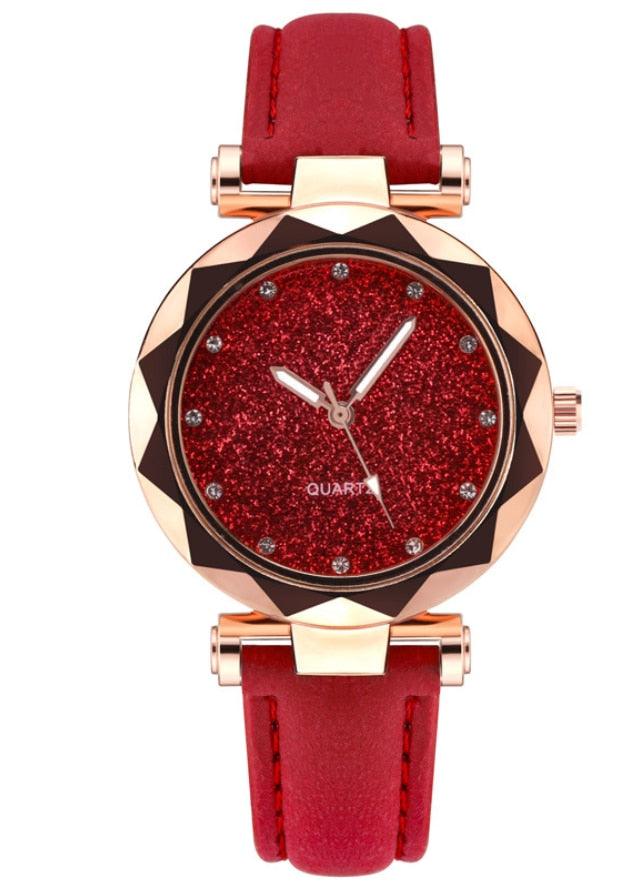 Montre étudiante de luxe brillante pour femme Montre à quartz étoilée Montre décontractée de mode pour femme Ensemble bracelet Cadran femme Enfants Ensemble montre bracelet Bracelet en cuir Montres à quartz de luxe