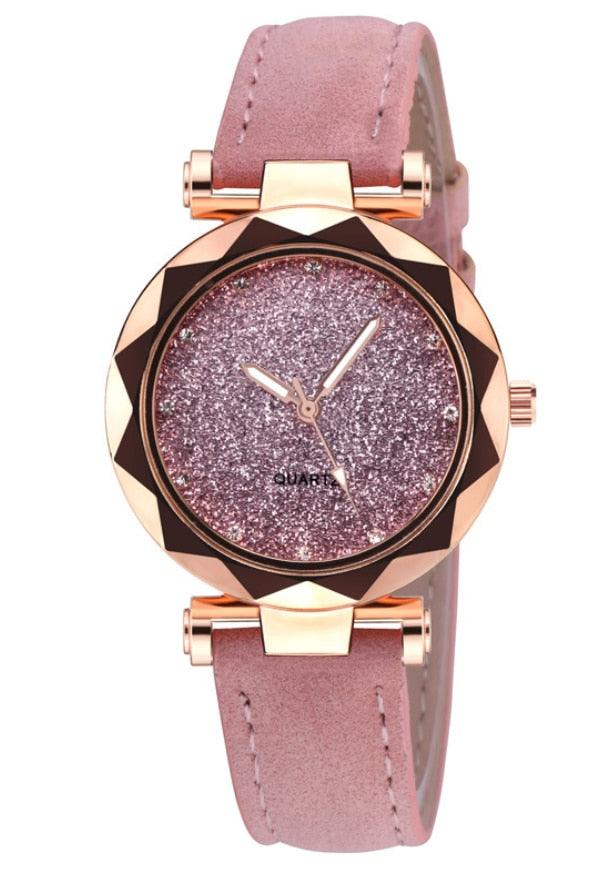 Montre étudiante de luxe brillante pour femme Montre à quartz étoilée Montre décontractée de mode pour femme Ensemble bracelet Cadran femme Enfants Ensemble montre bracelet Bracelet en cuir Montres à quartz de luxe