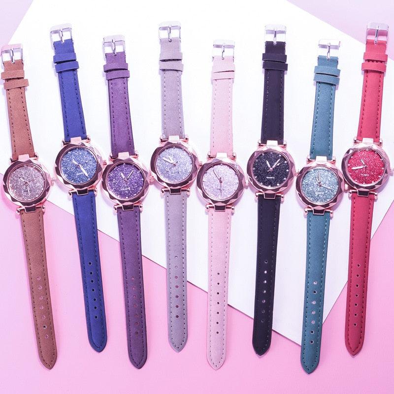 Montre étudiante de luxe brillante pour femme Montre à quartz étoilée Montre décontractée de mode pour femme Ensemble bracelet Cadran femme Enfants Ensemble montre bracelet Bracelet en cuir Montres à quartz de luxe