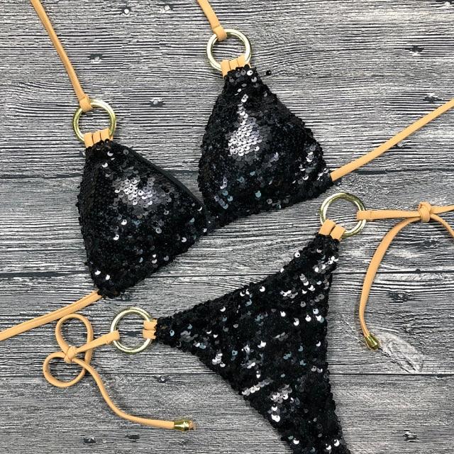Maillot de bain bikini brillant et solide, licou, pour femmes, ensemble de bikini à paillettes brillantes, vêtements de plage pour femmes, bikini brillant, micro-string deux pièces, maillot de bain d'été pour femmes