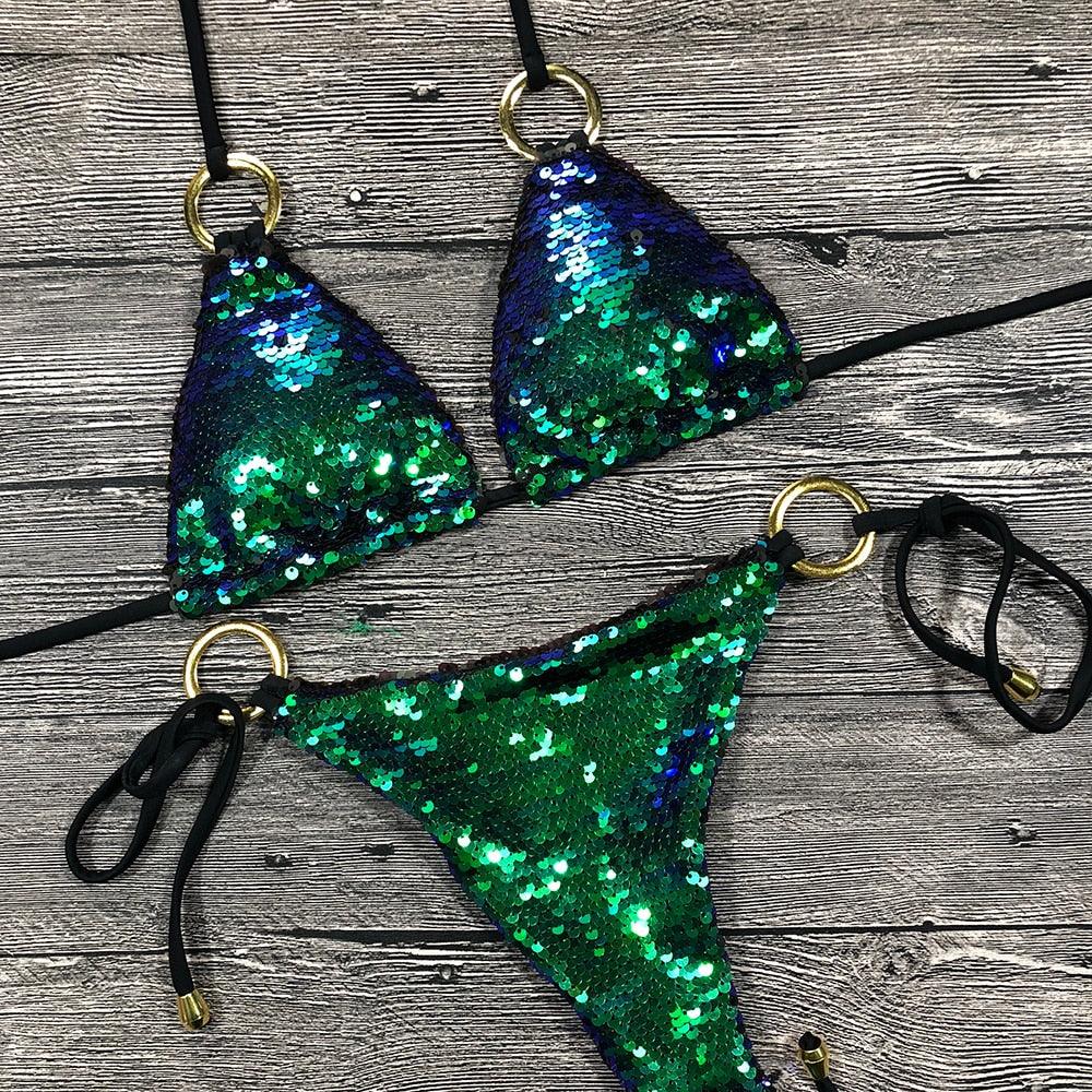 Maillot de bain bikini brillant et solide, licou, pour femmes, ensemble de bikini à paillettes brillantes, vêtements de plage pour femmes, bikini brillant, micro-string deux pièces, maillot de bain d'été pour femmes