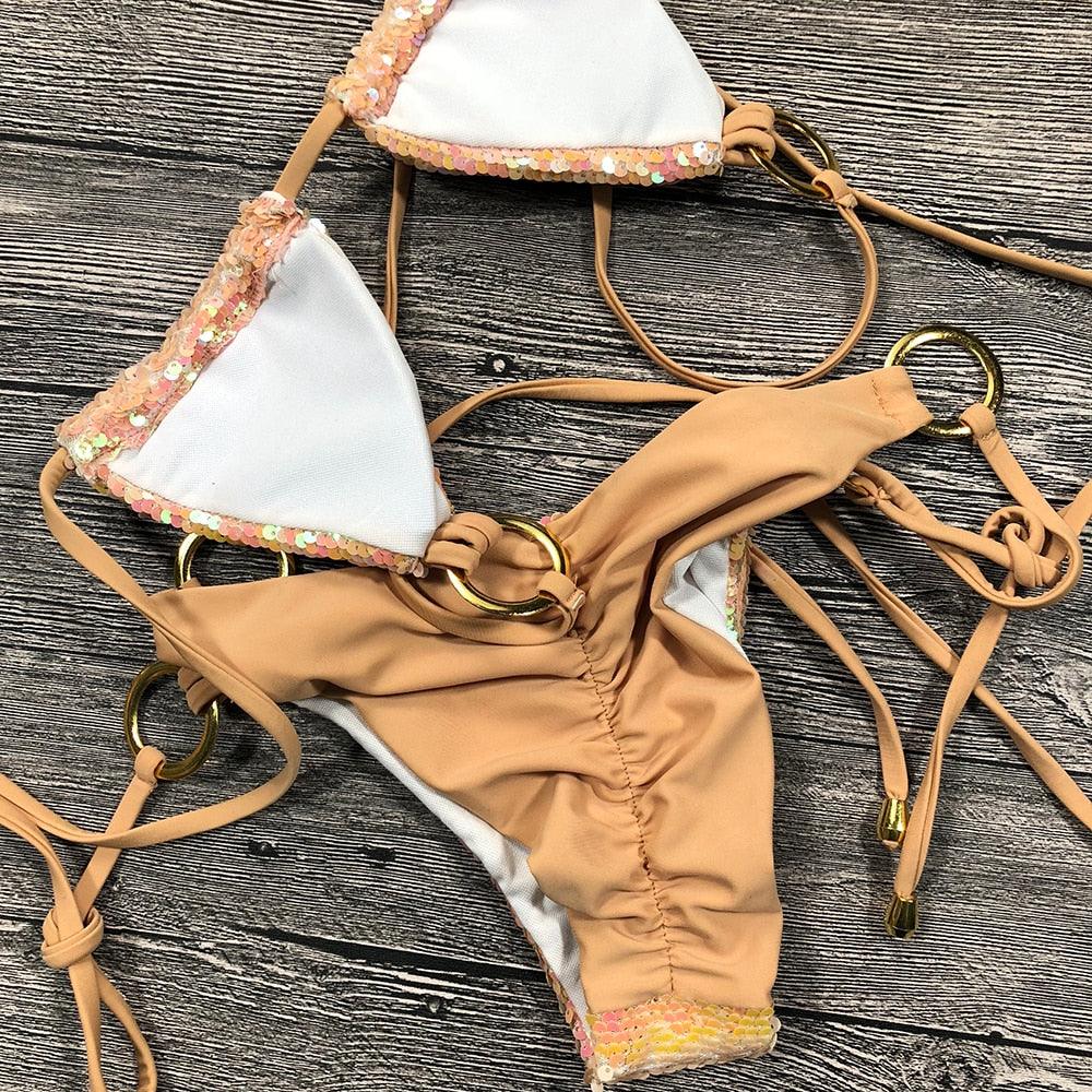 Maillot de bain bikini brillant et solide, licou, pour femmes, ensemble de bikini à paillettes brillantes, vêtements de plage pour femmes, bikini brillant, micro-string deux pièces, maillot de bain d'été pour femmes