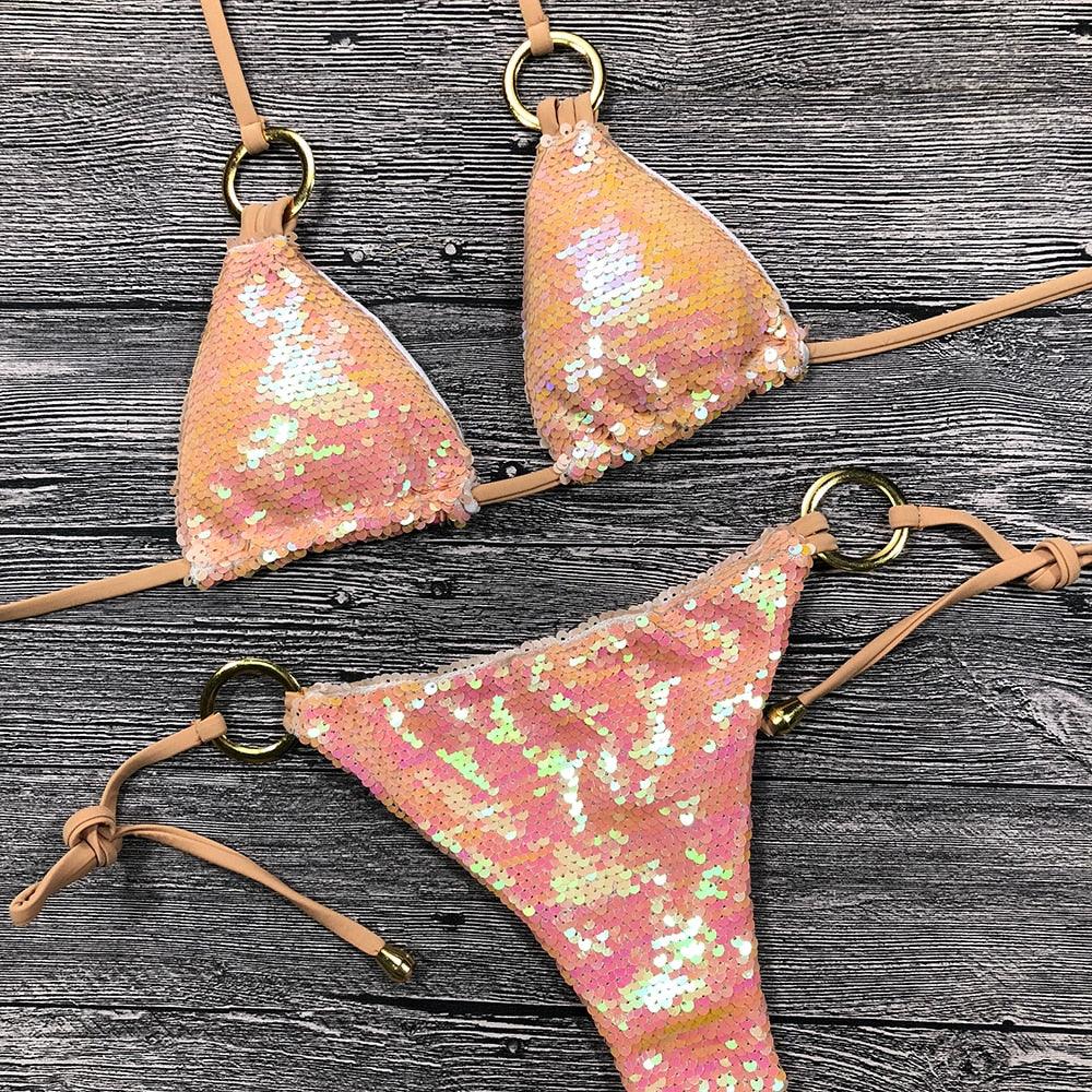 Maillot de bain bikini brillant et solide, licou, pour femmes, ensemble de bikini à paillettes brillantes, vêtements de plage pour femmes, bikini brillant, micro-string deux pièces, maillot de bain d'été pour femmes