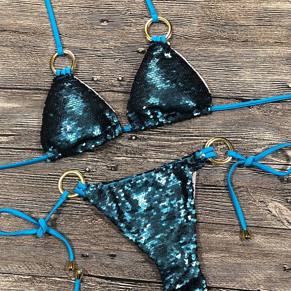 Maillot de bain bikini brillant et solide, licou, pour femmes, ensemble de bikini à paillettes brillantes, vêtements de plage pour femmes, bikini brillant, micro-string deux pièces, maillot de bain d'été pour femmes
