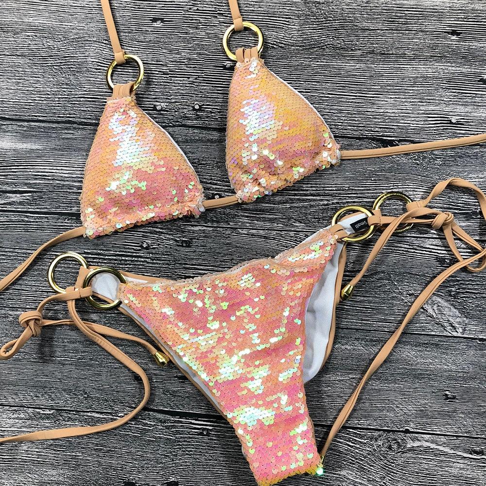 Maillot de bain bikini brillant et solide, licou, pour femmes, ensemble de bikini à paillettes brillantes, vêtements de plage pour femmes, bikini brillant, micro-string deux pièces, maillot de bain d'été pour femmes