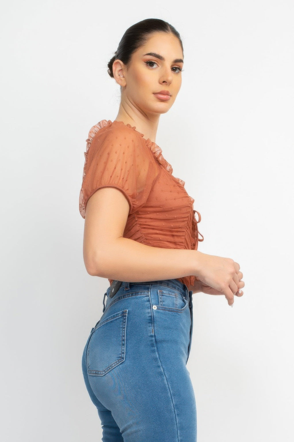 Shirred Mesh Sleeve Bodysuit