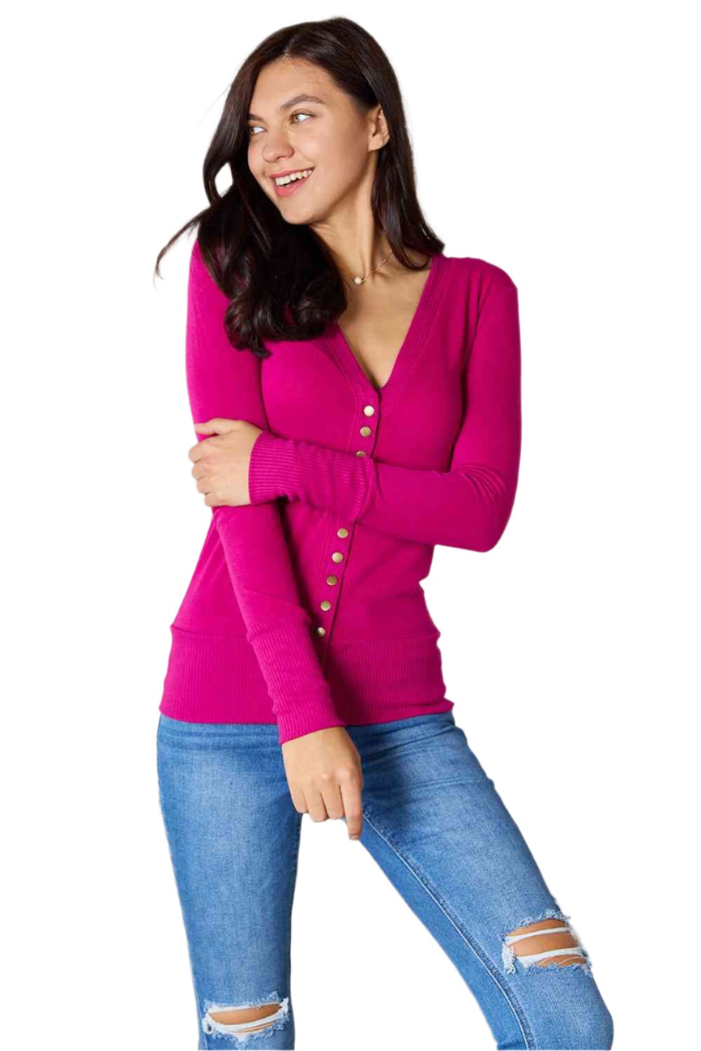 Gilet fuchsia à col en V et manches longues, taille XL