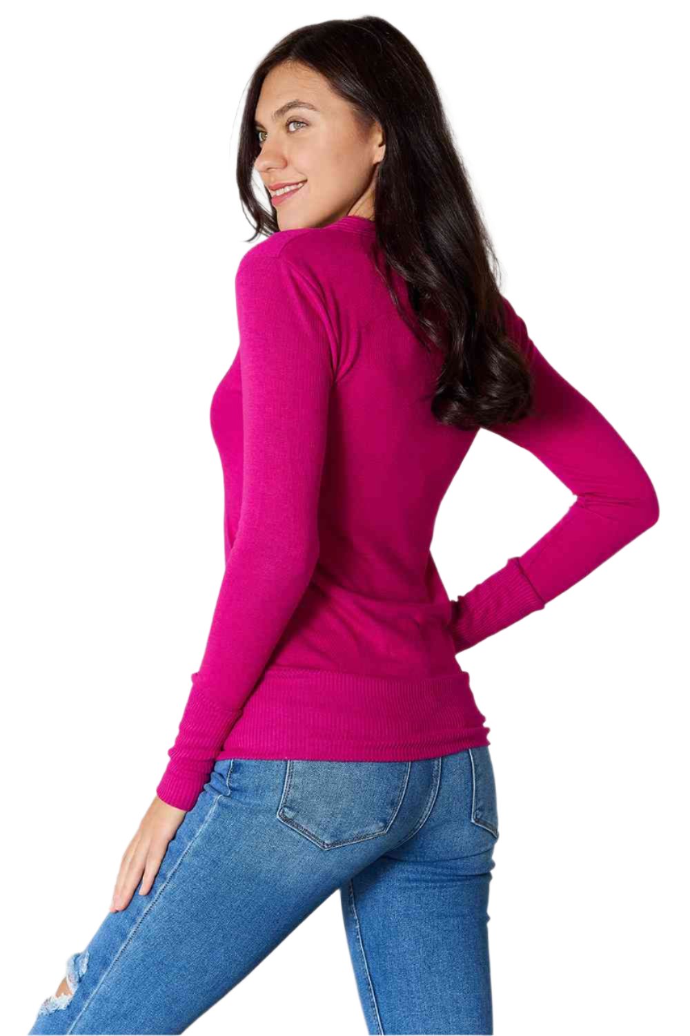Gilet fuchsia à col en V et manches longues, taille XL
