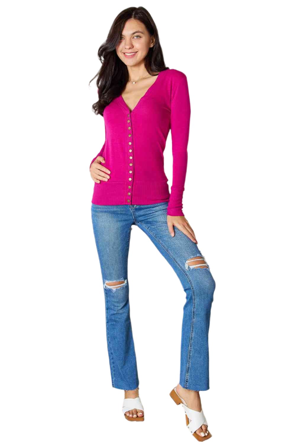 Gilet fuchsia à col en V et manches longues, taille XL
