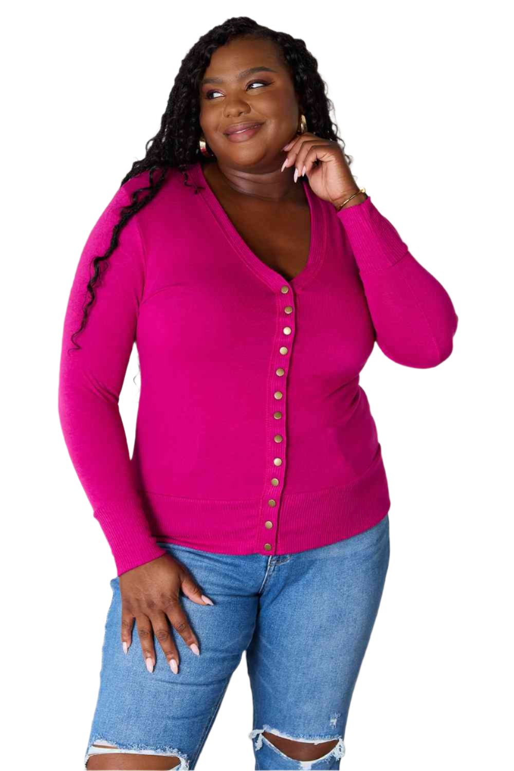 Gilet fuchsia à col en V et manches longues, taille XL