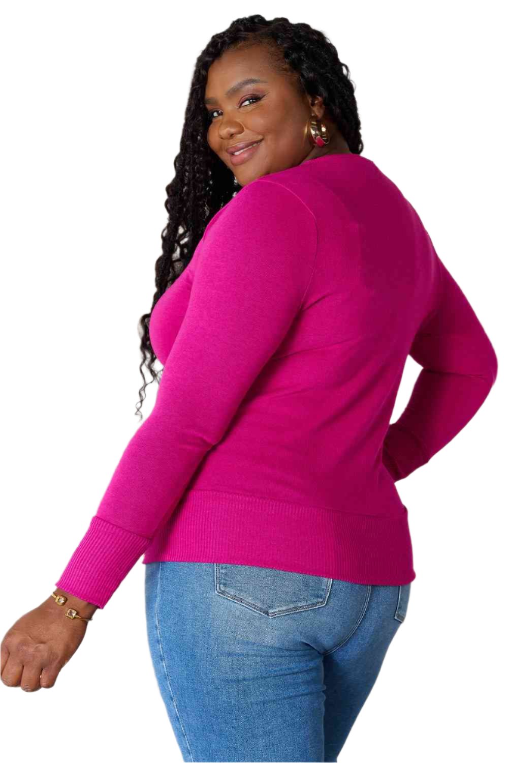 Gilet fuchsia à col en V et manches longues, taille XL