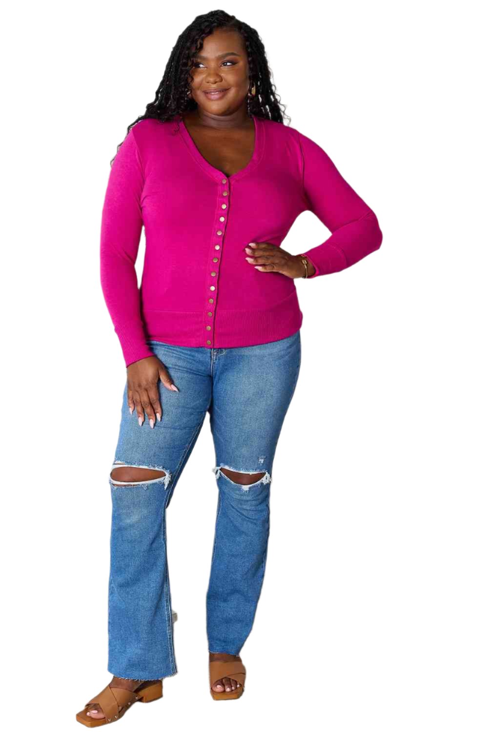 Gilet fuchsia à col en V et manches longues, taille XL