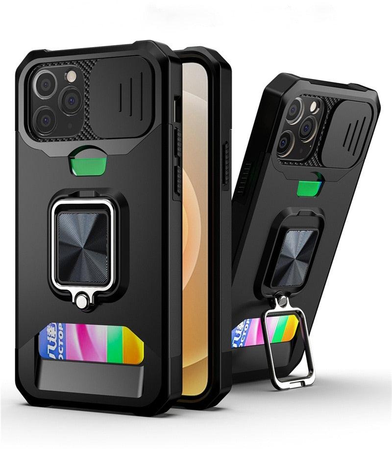 Coque antichoc avec béquille et support robuste compatible avec iPhone 14 Pro Max, étui de protection anti-chute pour téléphone portable avec poussoir de carte, coque de protection à anneau pour iPhone 13 12 11 Pro Max