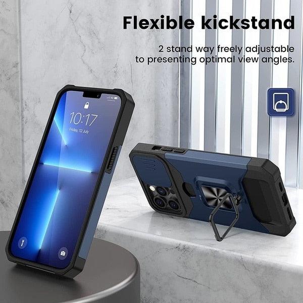 Coque antichoc avec béquille et support robuste compatible avec iPhone 14 Pro Max, étui de protection anti-chute pour téléphone portable avec poussoir de carte, coque de protection à anneau pour iPhone 13 12 11 Pro Max