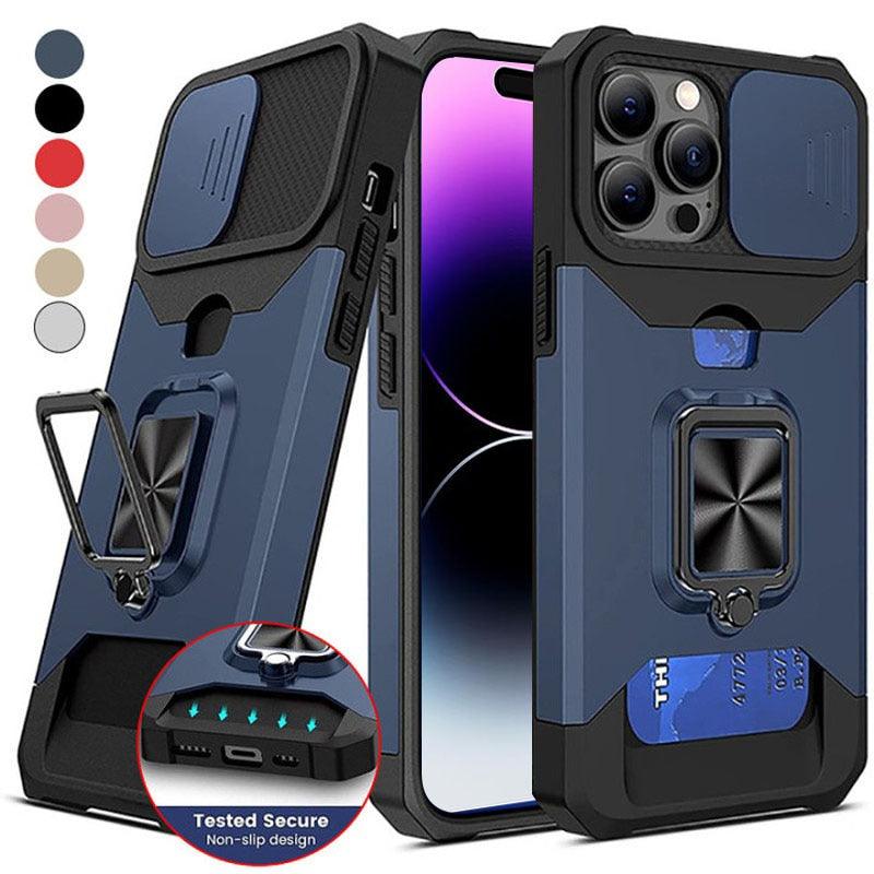 Coque antichoc avec béquille et support robuste compatible avec iPhone 14 Pro Max, étui de protection anti-chute pour téléphone portable avec poussoir de carte, coque de protection à anneau pour iPhone 13 12 11 Pro Max