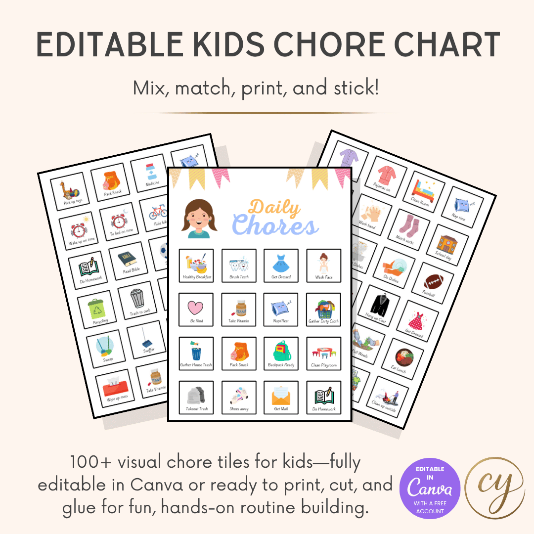 Tableau des tâches modifiable pour enfants – Modèle Canva avec plus de 100 fiches de tâches visuelles imprimables