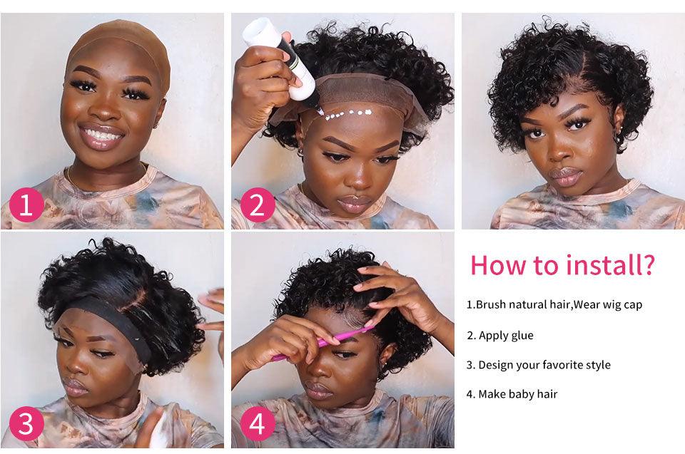Perruques Courtes Frisées en Cheveux Humains, Coupes Pixie, Perruques Lace Front pour Femmes, Perruques en Cheveux Remy pour Femmes, Pré-épilées avec Cheveux de Bébé, Perruques pour Femmes Noires, Cadeaux pour Petites Amies