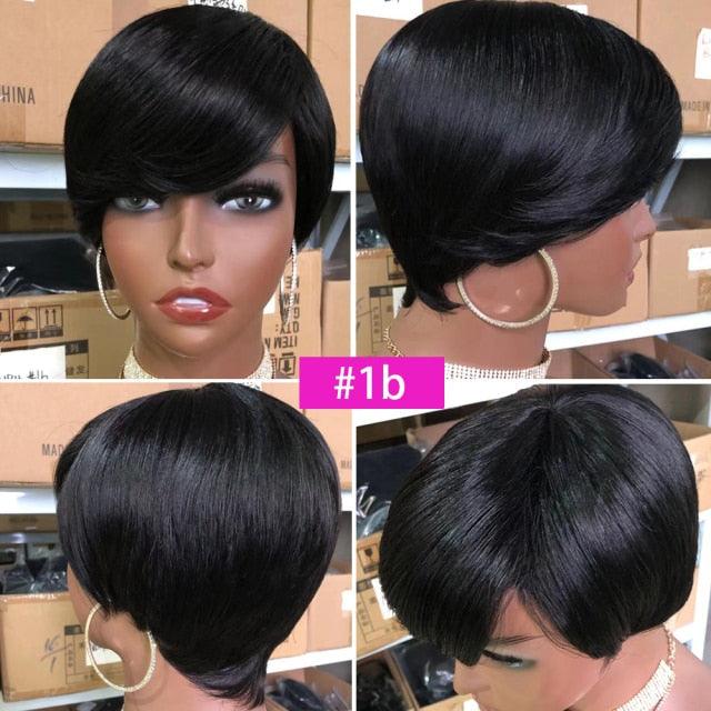 Perruque courte Pixie Cut Cheveux Humains Perruques Bob Raides Avec Frange Perruque Cheveux Humains Entièrement Machinée pour Femmes Noires Perruques Noires & Ombrées Pour Femmes Noires Cadeaux pour Amies