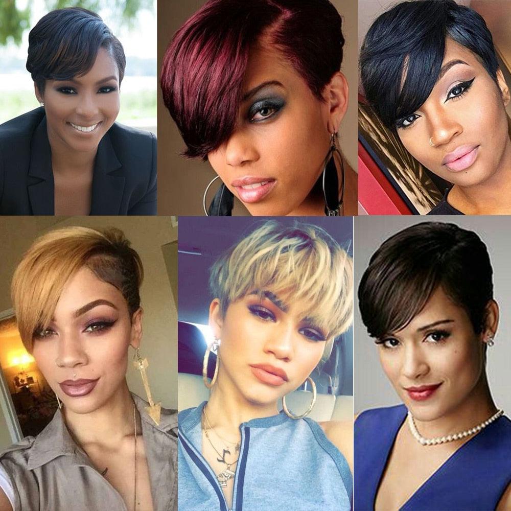 Perruque courte Pixie Cut Cheveux Humains Perruques Bob Raides Avec Frange Perruque Cheveux Humains Entièrement Machinée pour Femmes Noires Perruques Noires & Ombrées Pour Femmes Noires Cadeaux pour Amies