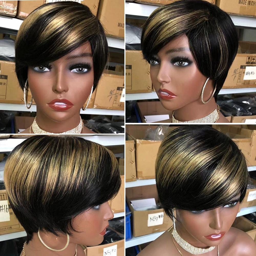 Perruque courte Pixie Cut Cheveux Humains Perruques Bob Raides Avec Frange Perruque Cheveux Humains Entièrement Machinée pour Femmes Noires Perruques Noires & Ombrées Pour Femmes Noires Cadeaux pour Amies