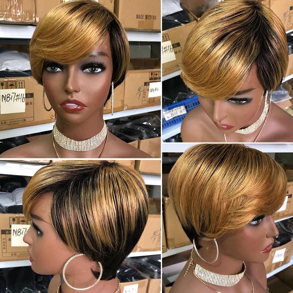 Perruque courte Pixie Cut Cheveux Humains Perruques Bob Raides Avec Frange Perruque Cheveux Humains Entièrement Machinée pour Femmes Noires Perruques Noires & Ombrées Pour Femmes Noires Cadeaux pour Amies