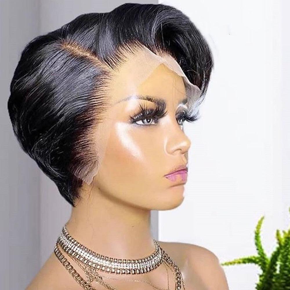 Perruque Courte Pixie Cut, Perruque Cheveux Humains avec Dentelle Transparente pour Femmes, Perruque Frontale Lisse, Perruque Carrée avec Raie sur le Côté, Courtes Perruques avec Dentelle pour Femmes Noires, Cadeaux pour Petites Amies