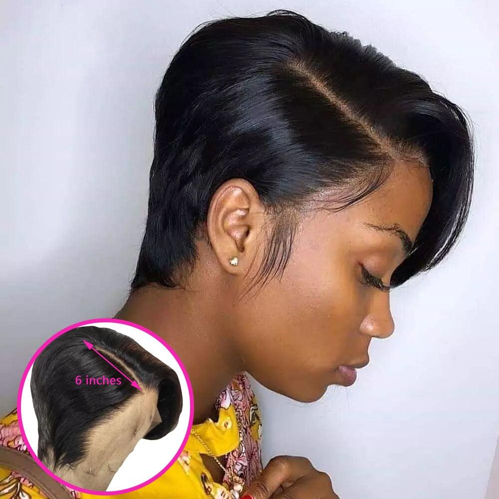 Perruque Courte Pixie Cut, Perruque Cheveux Humains avec Dentelle Transparente pour Femmes, Perruque Frontale Lisse, Perruque Carrée avec Raie sur le Côté, Courtes Perruques avec Dentelle pour Femmes Noires, Cadeaux pour Petites Amies