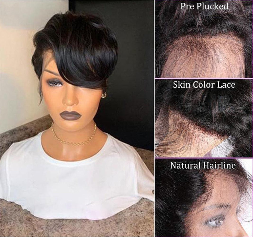 Perruque Courte Pixie Cut, Perruque Cheveux Humains avec Dentelle Transparente pour Femmes, Perruque Frontale Lisse, Perruque Carrée avec Raie sur le Côté, Courtes Perruques avec Dentelle pour Femmes Noires, Cadeaux pour Petites Amies