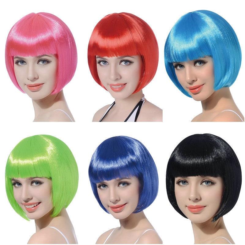 Perruques Courtes Bob Droites Synthétiques Blanches Roses Rouges Noires Marrons Bleues de 10 pouces avec Frange pour Femmes Halloween Cosplay Fête Pour Femmes Noires Cadeaux pour Petites Amies