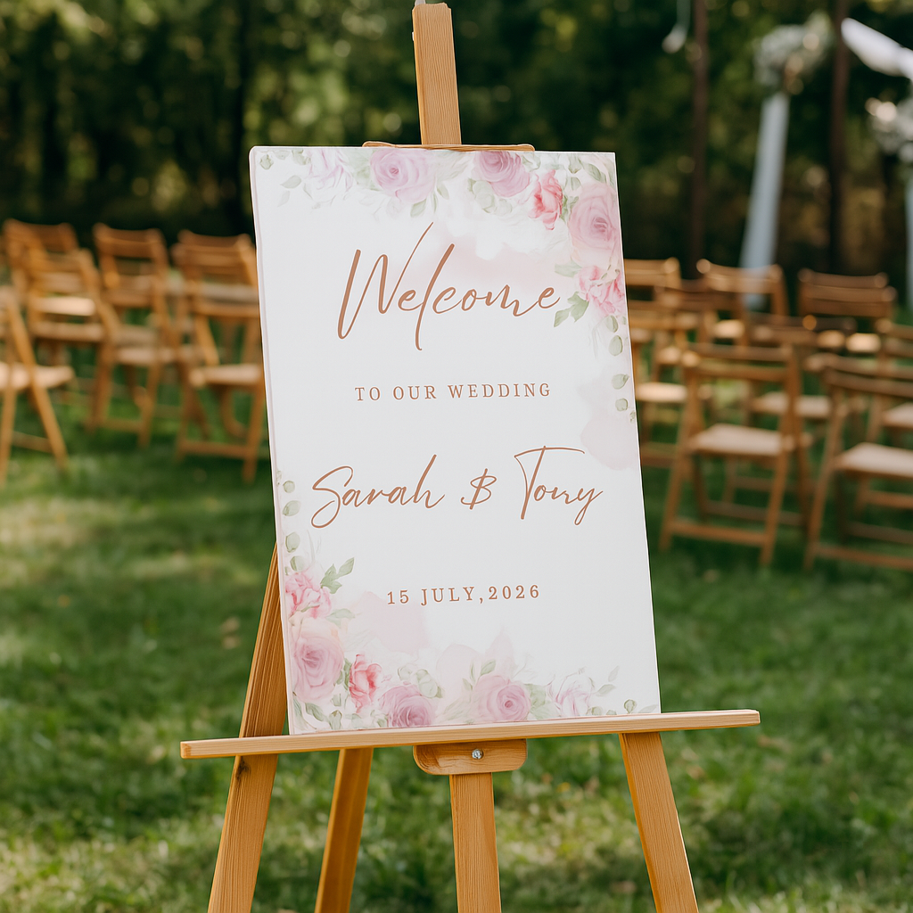 Panneau de bienvenue de mariage modifiable – Modèle Canva floral | Téléchargement instantané
