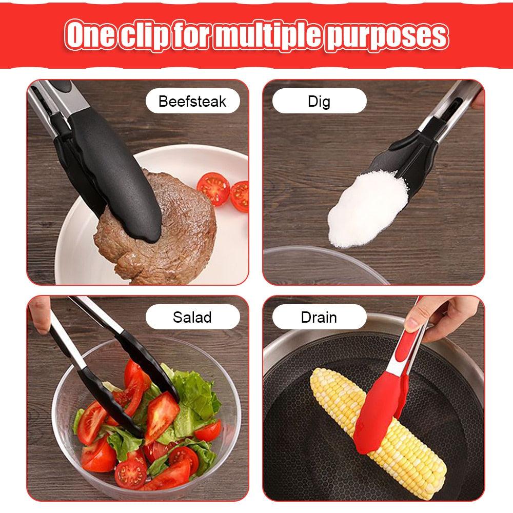 Pinces de cuisine en silicone pour barbecue, salade, pinces de service antiadhésives pour barbecue, pinces à barbecue en acier inoxydable, outils de cuisine