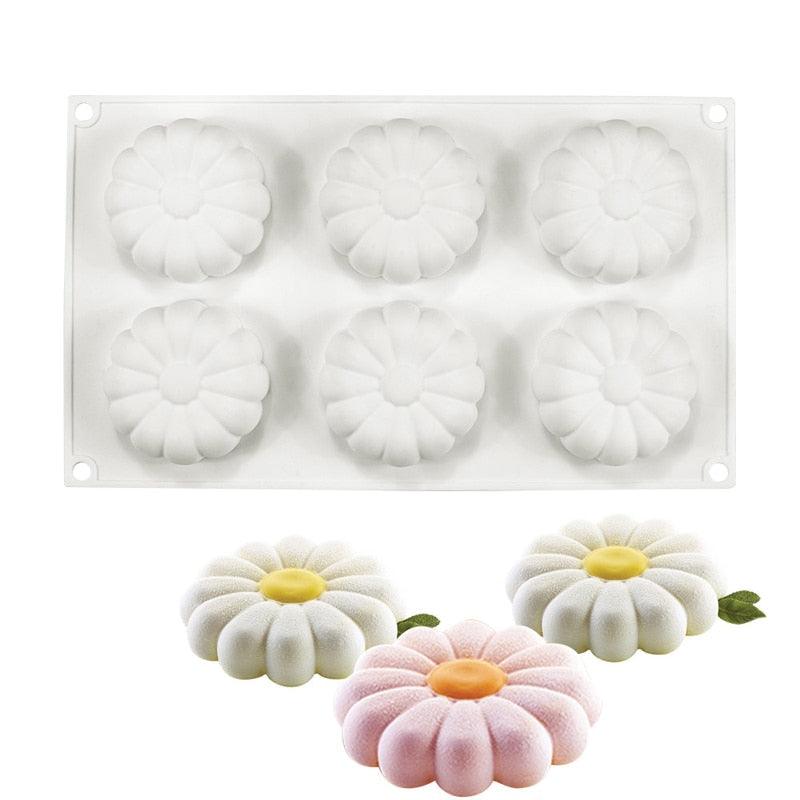 Moule à gâteau en silicone 1/6 cavité Motif marguerite Ensemble de pâtisserie Dessert Ustensiles de cuisine Moule à mousse pour fête Outils de cuisson en silicone Mélange de moules tulipe marguerite