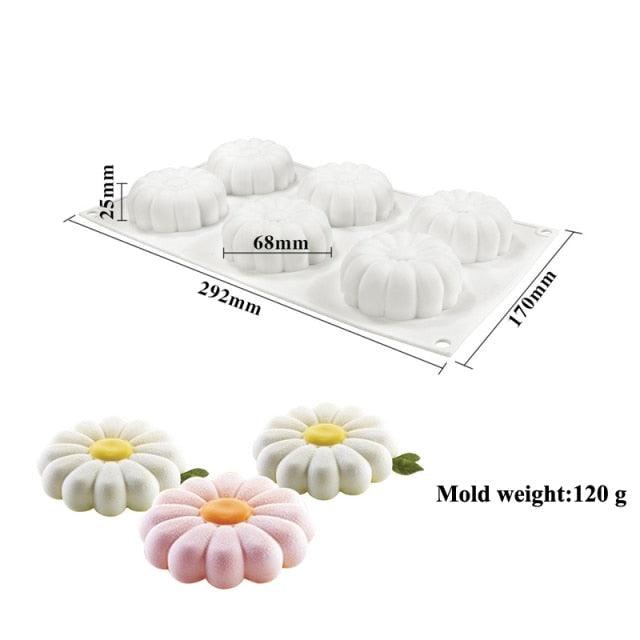 Moule à gâteau en silicone 1/6 cavité Motif marguerite Ensemble de pâtisserie Dessert Ustensiles de cuisine Moule à mousse pour fête Outils de cuisson en silicone Mélange de moules tulipe marguerite