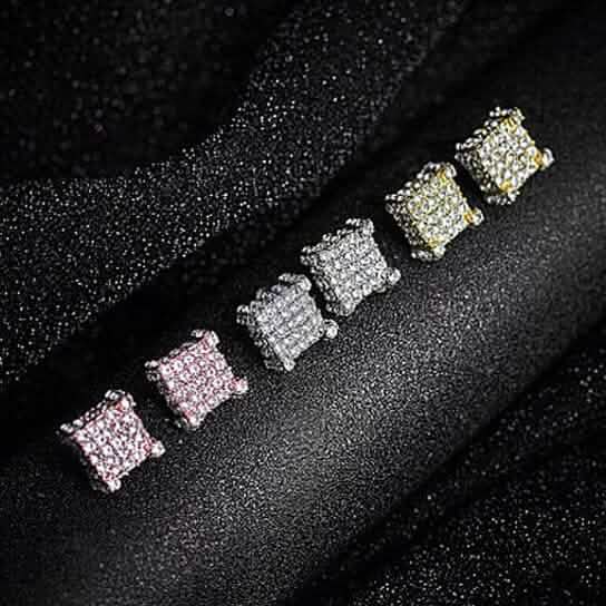 Boucles d'oreilles clous en argent micro serti de pierres latérales carrées transparentes 3D