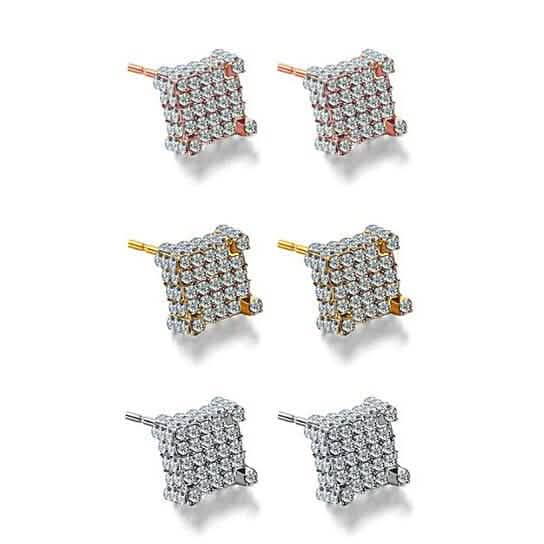Boucles d'oreilles clous en argent micro serti de pierres latérales carrées transparentes 3D
