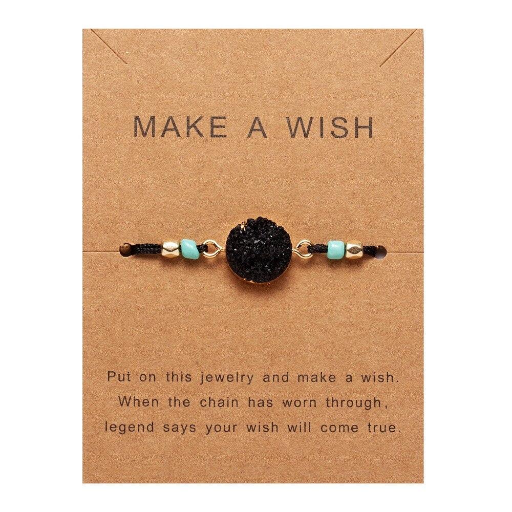 Bracelet breloque en pierre simple et coloré, bracelet de couple tressé en fil noir et rouge avec carte de vœux, bijoux faits à la main, bracelet à breloques en perles de pierre naturelle, bracelet manchette avec carte message 18-30 cm