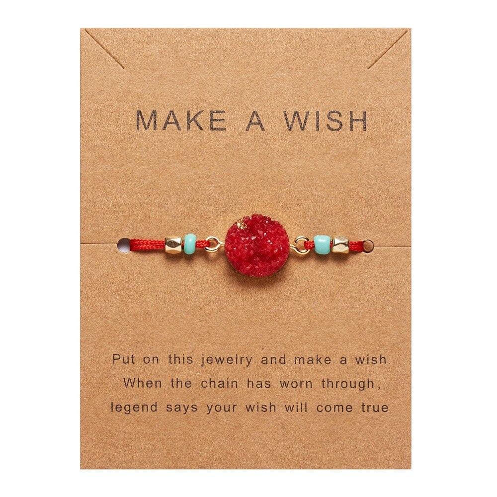 Bracelet breloque en pierre simple et coloré, bracelet de couple tressé en fil noir et rouge avec carte de vœux, bijoux faits à la main, bracelet à breloques en perles de pierre naturelle, bracelet manchette avec carte message 18-30 cm