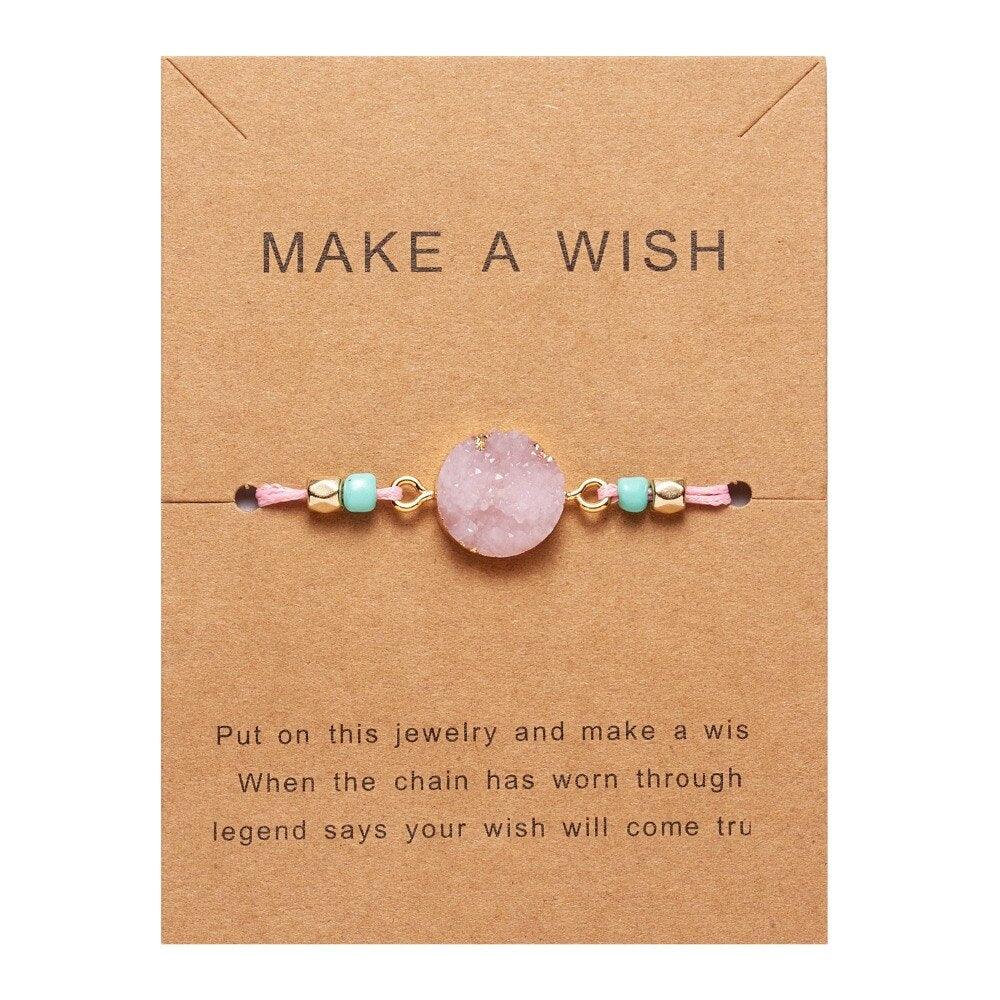 Bracelet breloque en pierre simple et coloré, bracelet de couple tressé en fil noir et rouge avec carte de vœux, bijoux faits à la main, bracelet à breloques en perles de pierre naturelle, bracelet manchette avec carte message 18-30 cm